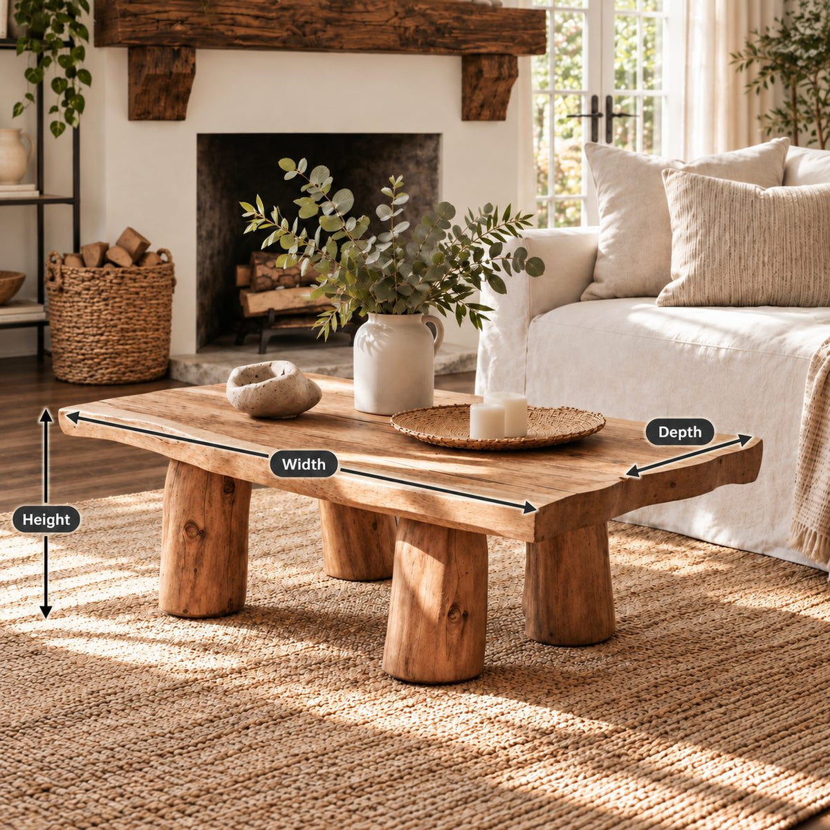 Rustic Log Leg Coffee Table, Low Solid Wood Slab Center Table for Farmhouse Living Room