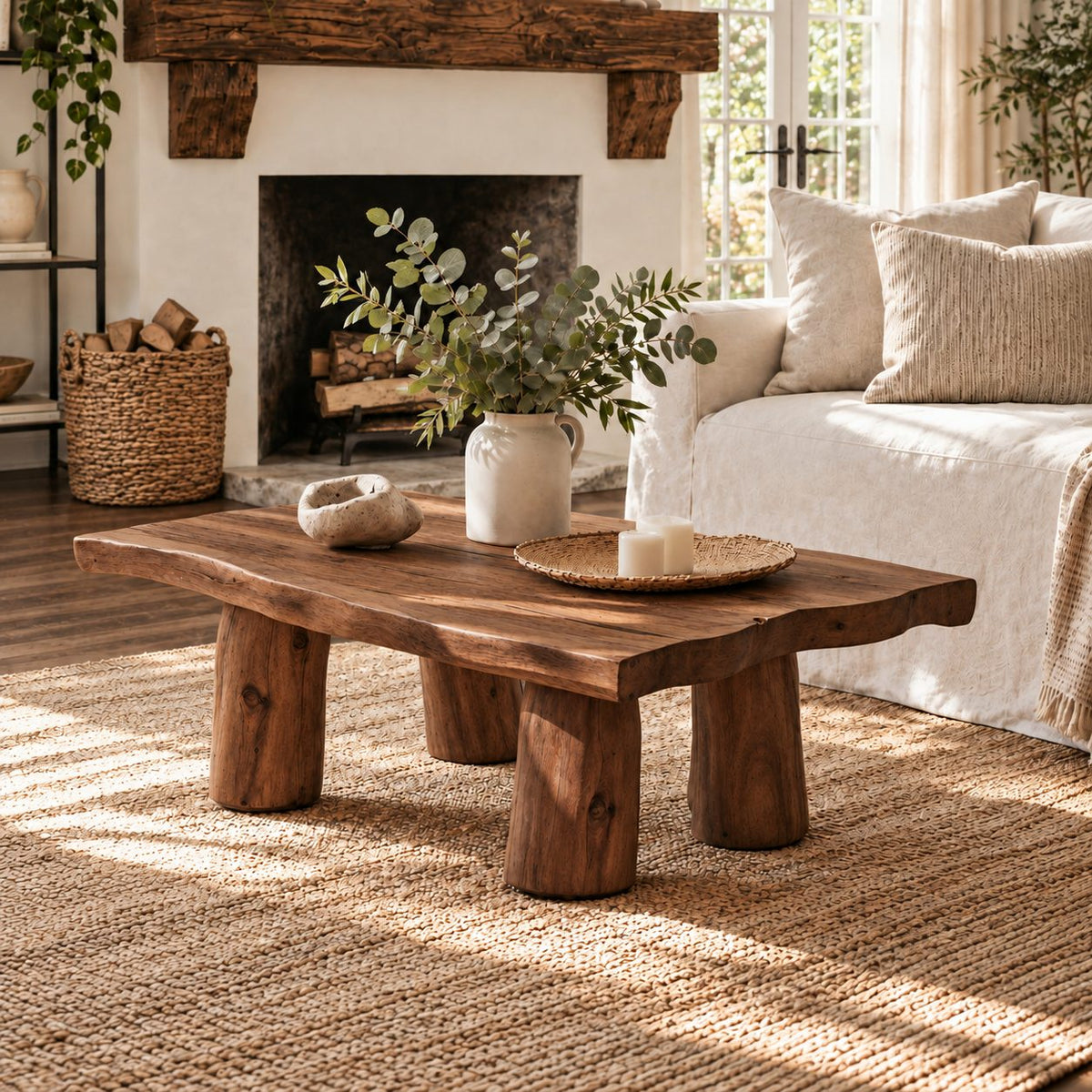 Rustic Log Leg Coffee Table, Low Solid Wood Slab Center Table for Farmhouse Living Room