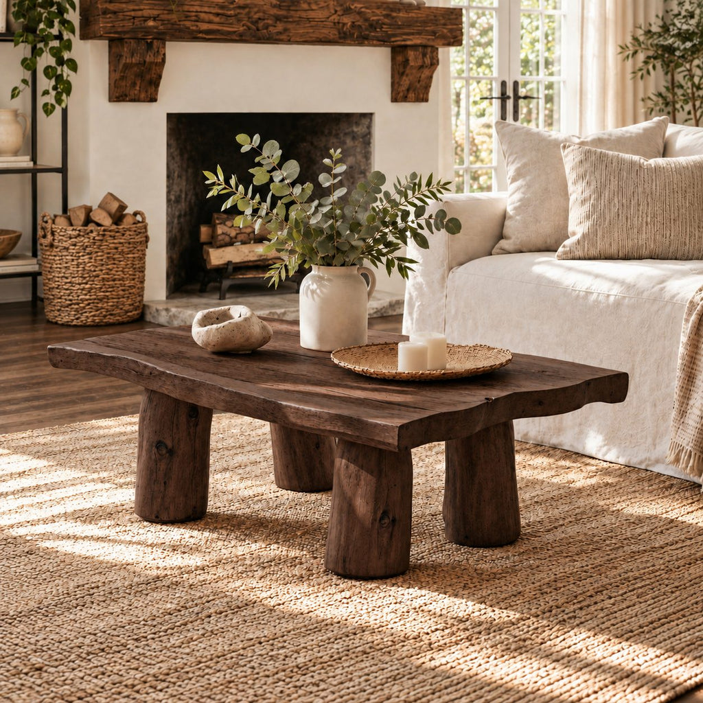 Rustic Log Leg Coffee Table, Low Solid Wood Slab Center Table for Farmhouse Living Room