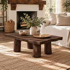 Rustic Log Leg Coffee Table, Low Solid Wood Slab Center Table for Farmhouse Living Room