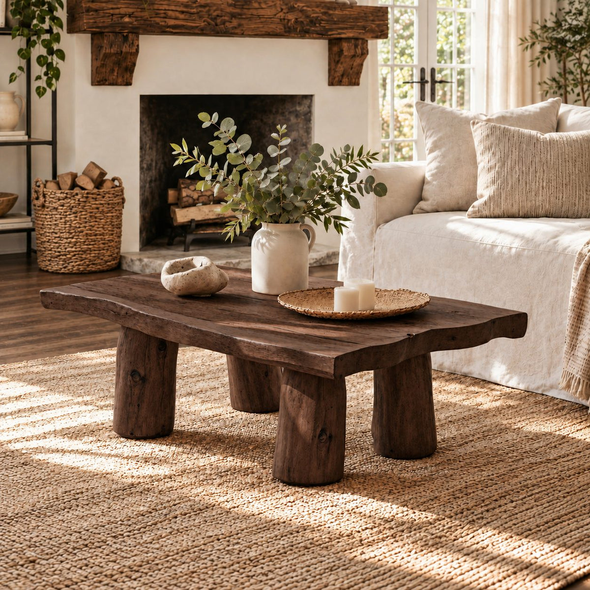 Rustic Log Leg Coffee Table, Low Solid Wood Slab Center Table for Farmhouse Living Room