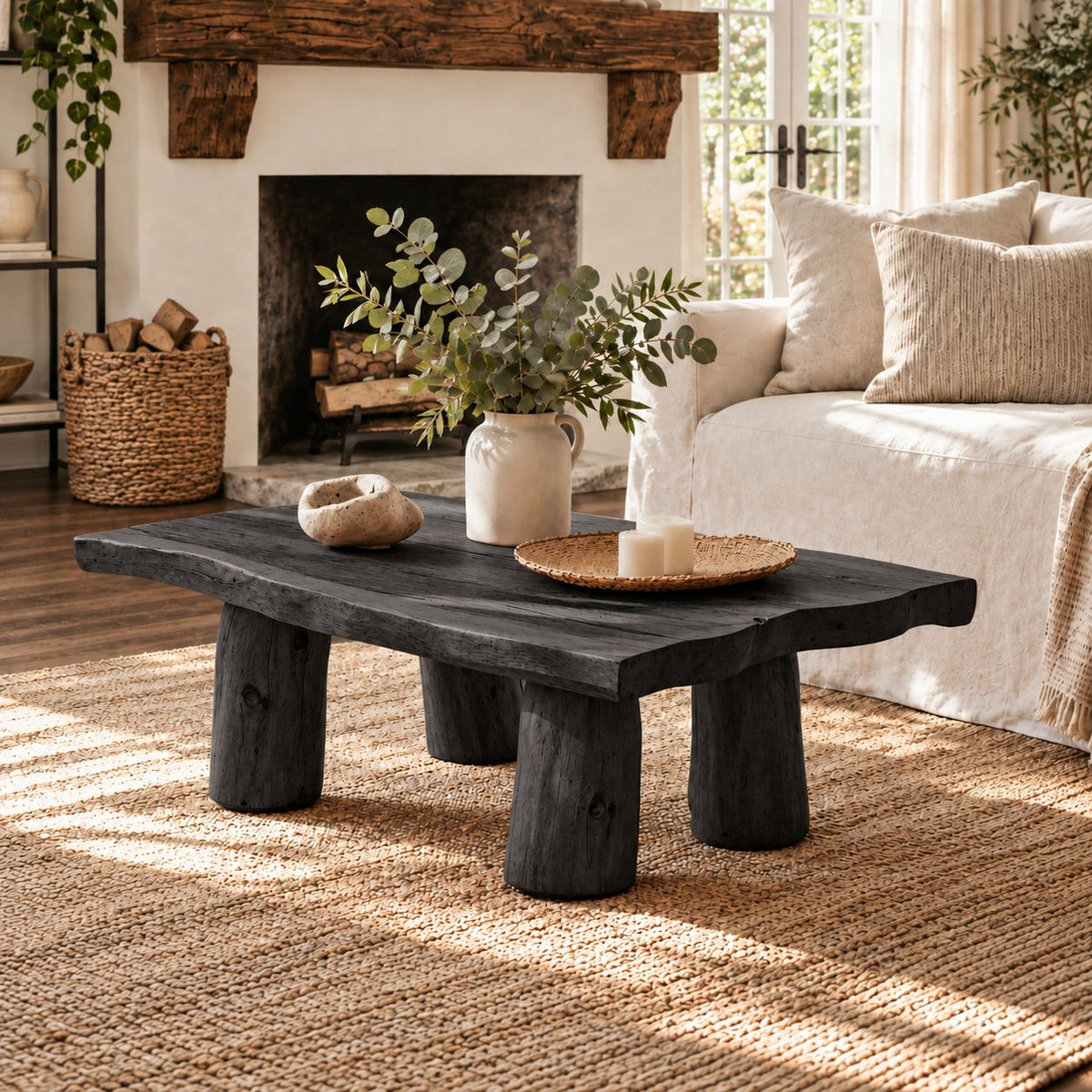Rustic Log Leg Coffee Table, Low Solid Wood Slab Center Table for Farmhouse Living Room