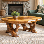 Root Base Coffee Table with Live Edge Top, Rustic Solid Wood Center Table for Lodge Living Room