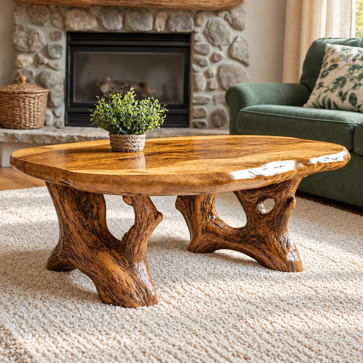 Root Base Coffee Table with Live Edge Top, Rustic Solid Wood Center Table for Lodge Living Room