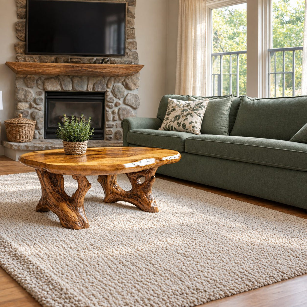 Root Base Coffee Table with Live Edge Top, Rustic Solid Wood Center Table for Lodge Living Room