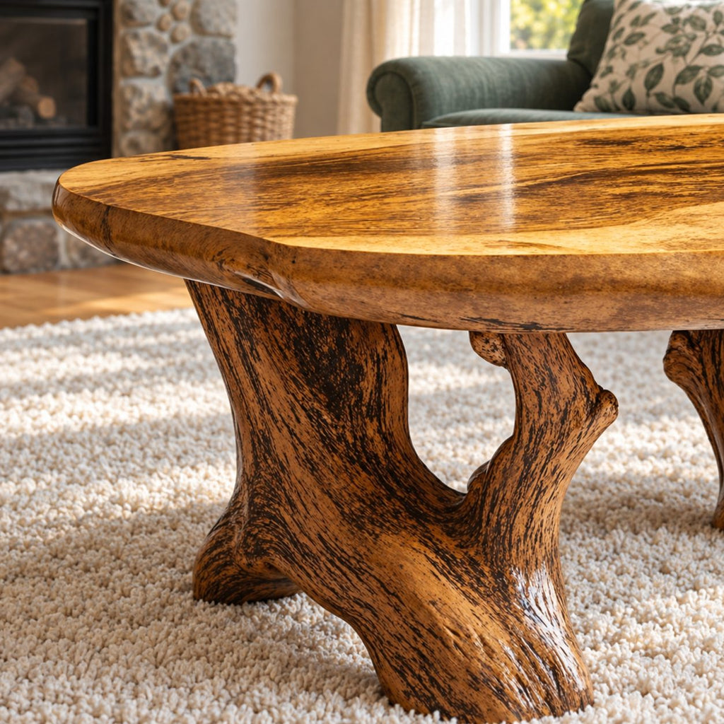 Root Base Coffee Table with Live Edge Top, Rustic Solid Wood Center Table for Lodge Living Room