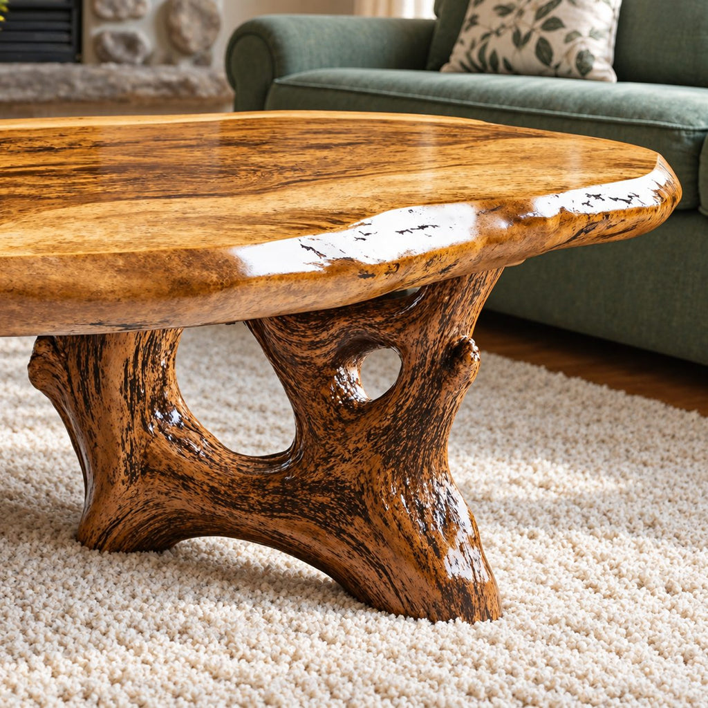 Root Base Coffee Table with Live Edge Top, Rustic Solid Wood Center Table for Lodge Living Room