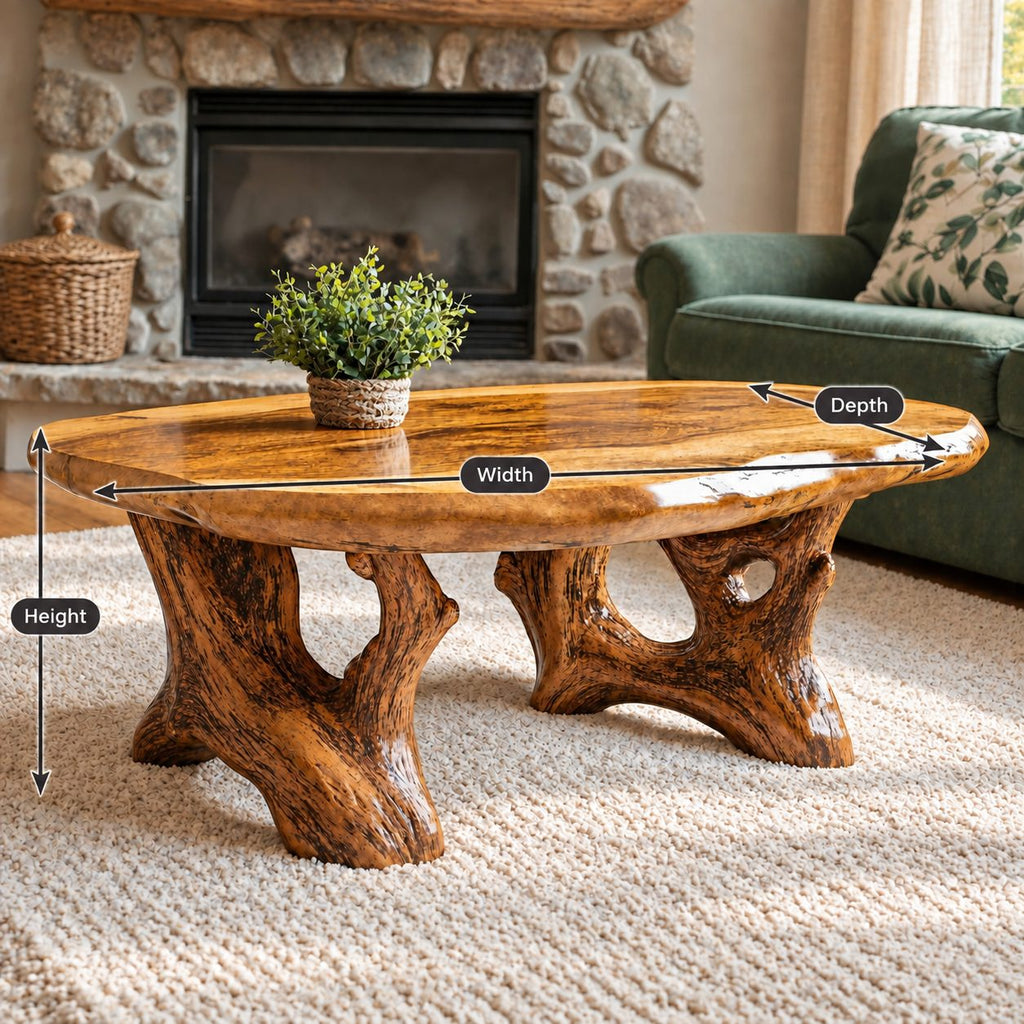Root Base Coffee Table with Live Edge Top, Rustic Solid Wood Center Table for Lodge Living Room