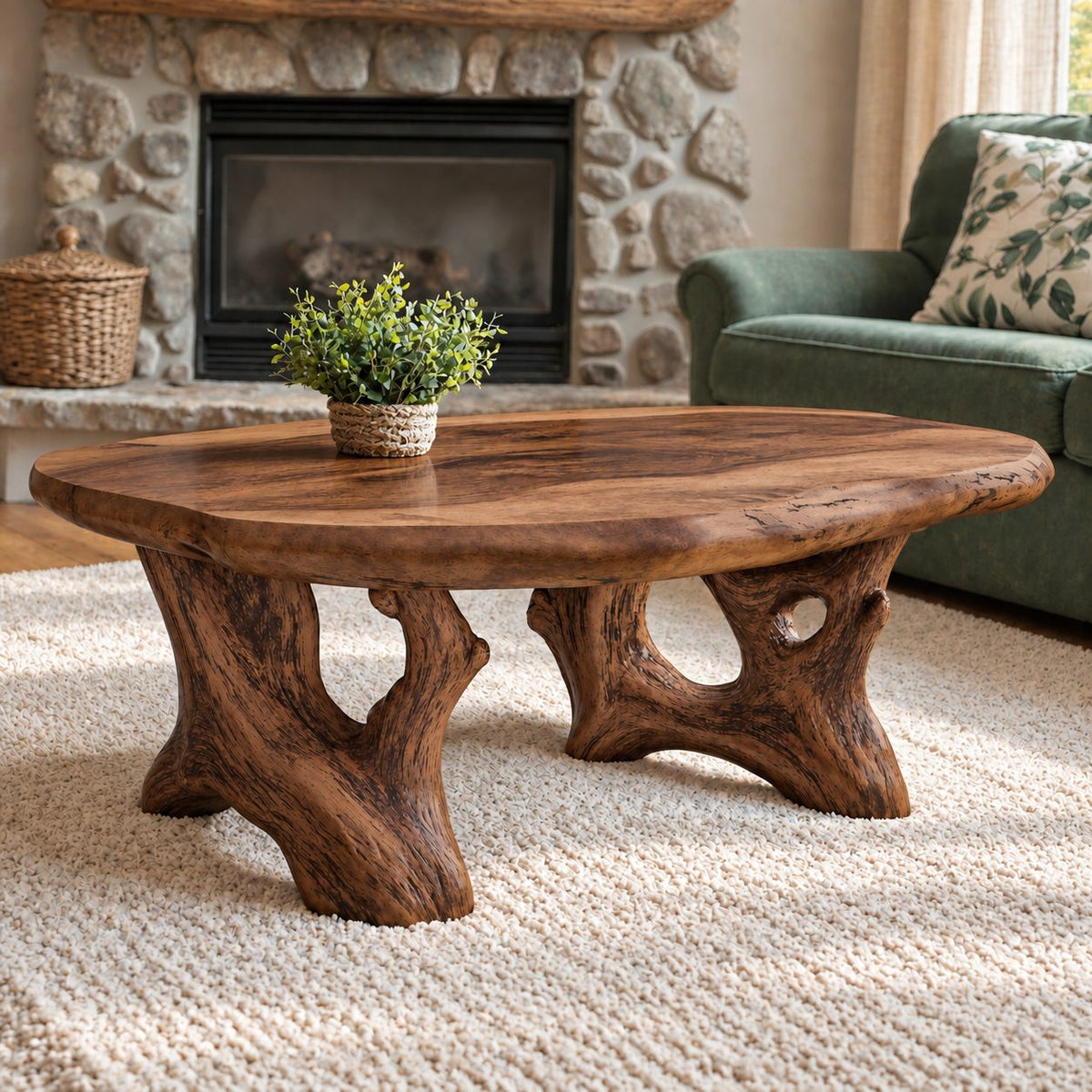 Root Base Coffee Table with Live Edge Top, Rustic Solid Wood Center Table for Lodge Living Room