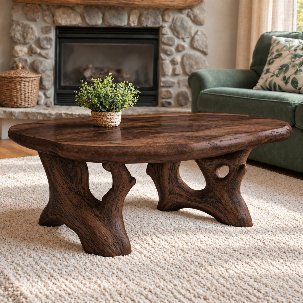Root Base Coffee Table with Live Edge Top, Rustic Solid Wood Center Table for Lodge Living Room