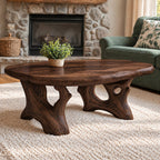 Root Base Coffee Table with Live Edge Top, Rustic Solid Wood Center Table for Lodge Living Room