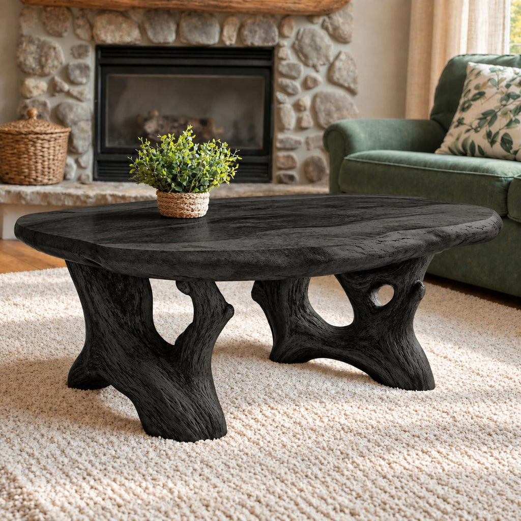 Root Base Coffee Table with Live Edge Top, Rustic Solid Wood Center Table for Lodge Living Room