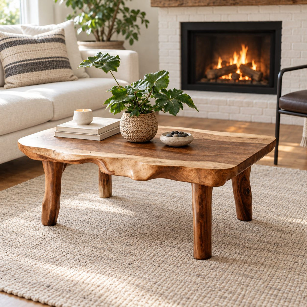 Live Edge Coffee Table with Natural Branch Legs, Farmhouse Solid Wood Slab Center Table