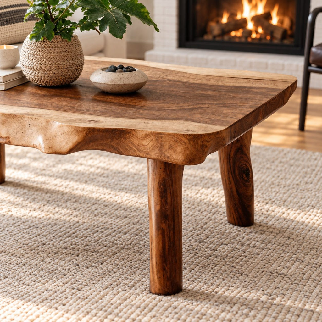 Live Edge Coffee Table with Natural Branch Legs, Farmhouse Solid Wood Slab Center Table