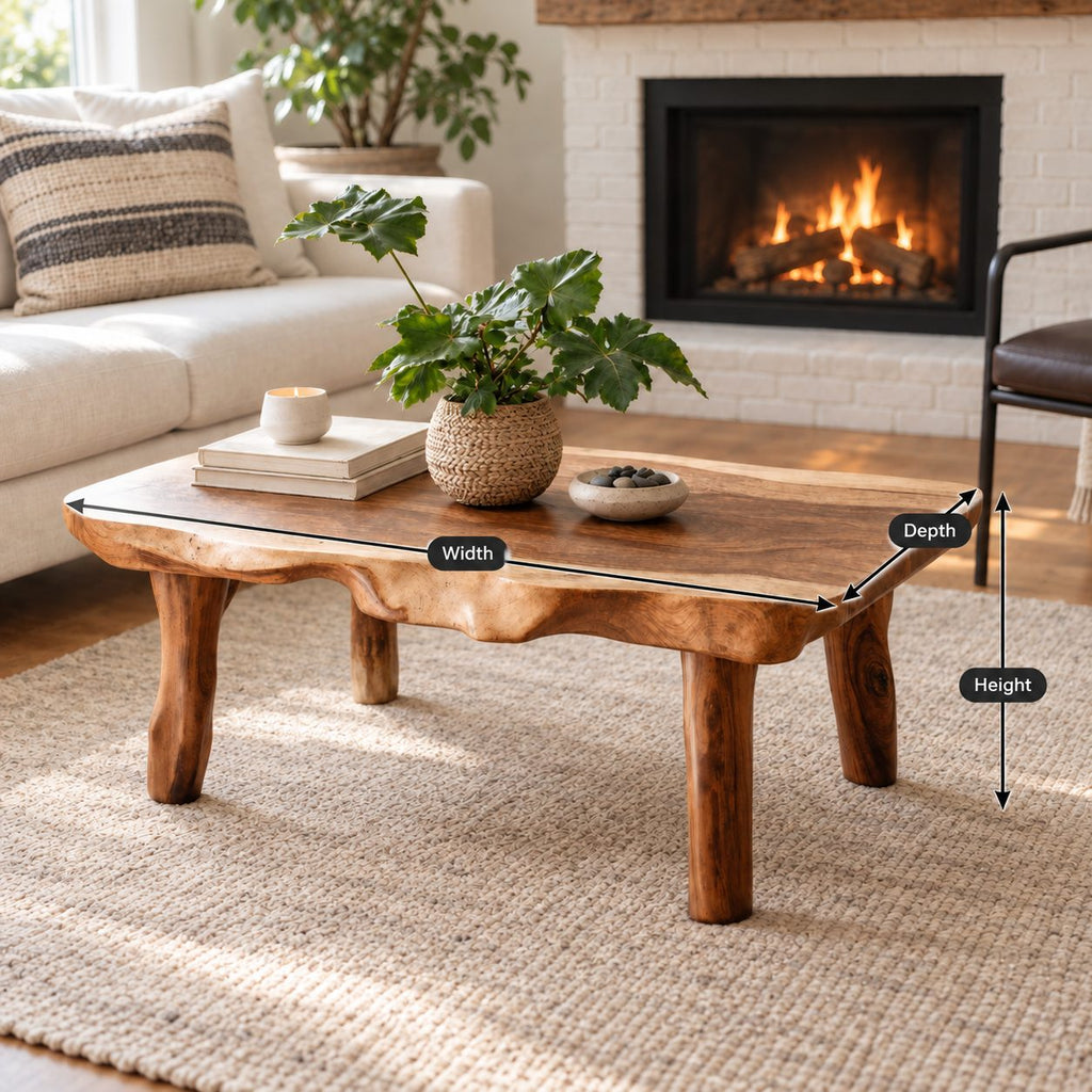 Live Edge Coffee Table with Natural Branch Legs, Farmhouse Solid Wood Slab Center Table