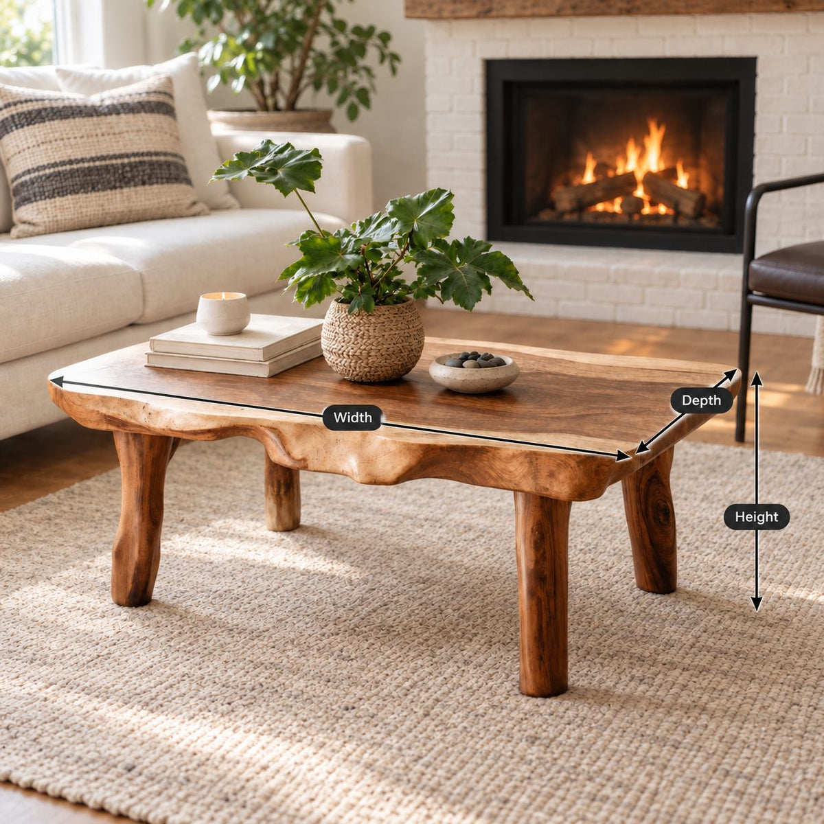 Live Edge Coffee Table with Natural Branch Legs, Farmhouse Solid Wood Slab Center Table