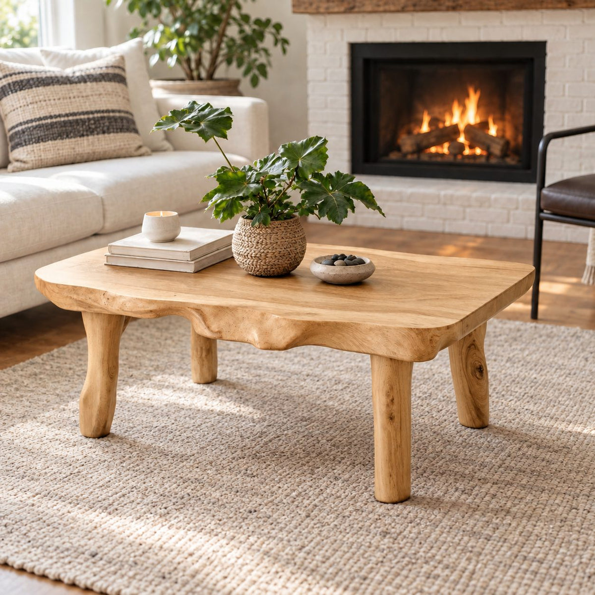Live Edge Coffee Table with Natural Branch Legs, Farmhouse Solid Wood Slab Center Table