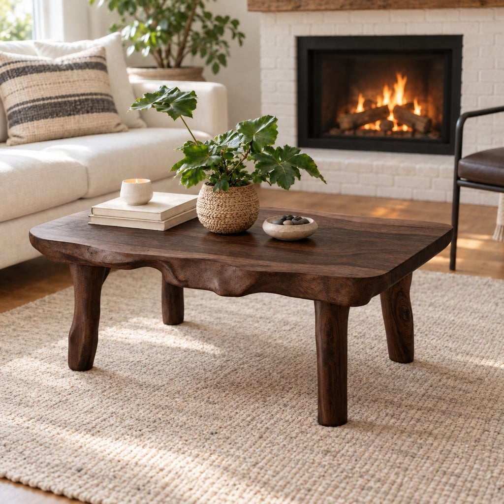 Live Edge Coffee Table with Natural Branch Legs, Farmhouse Solid Wood Slab Center Table