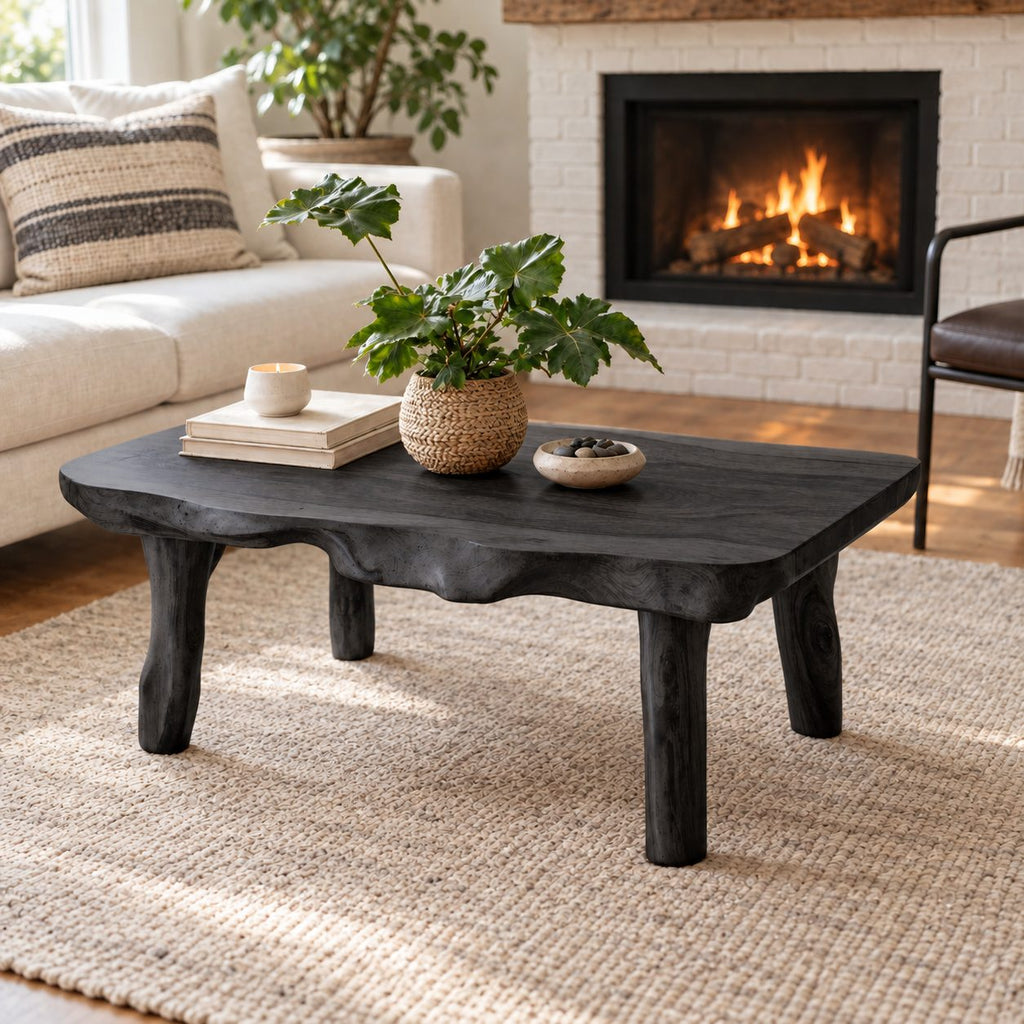 Live Edge Coffee Table with Natural Branch Legs, Farmhouse Solid Wood Slab Center Table