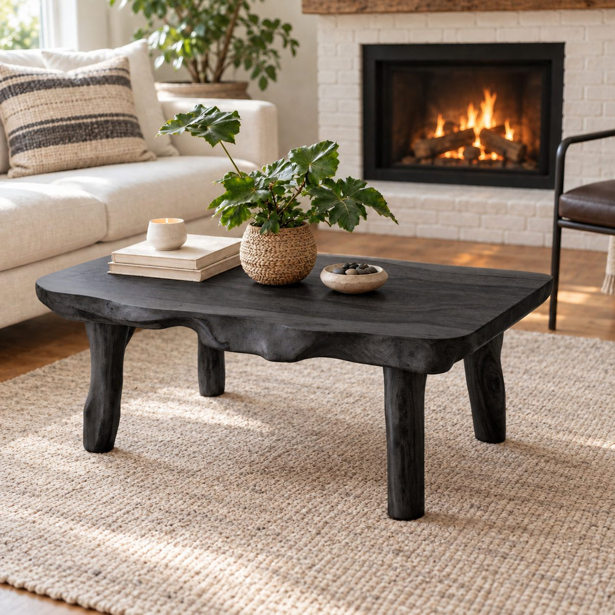 Live Edge Coffee Table with Natural Branch Legs, Farmhouse Solid Wood Slab Center Table