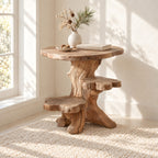 Driftwood Side Table with Step Shelves, Rustic Solid Wood Accent Table for Living Room Corner