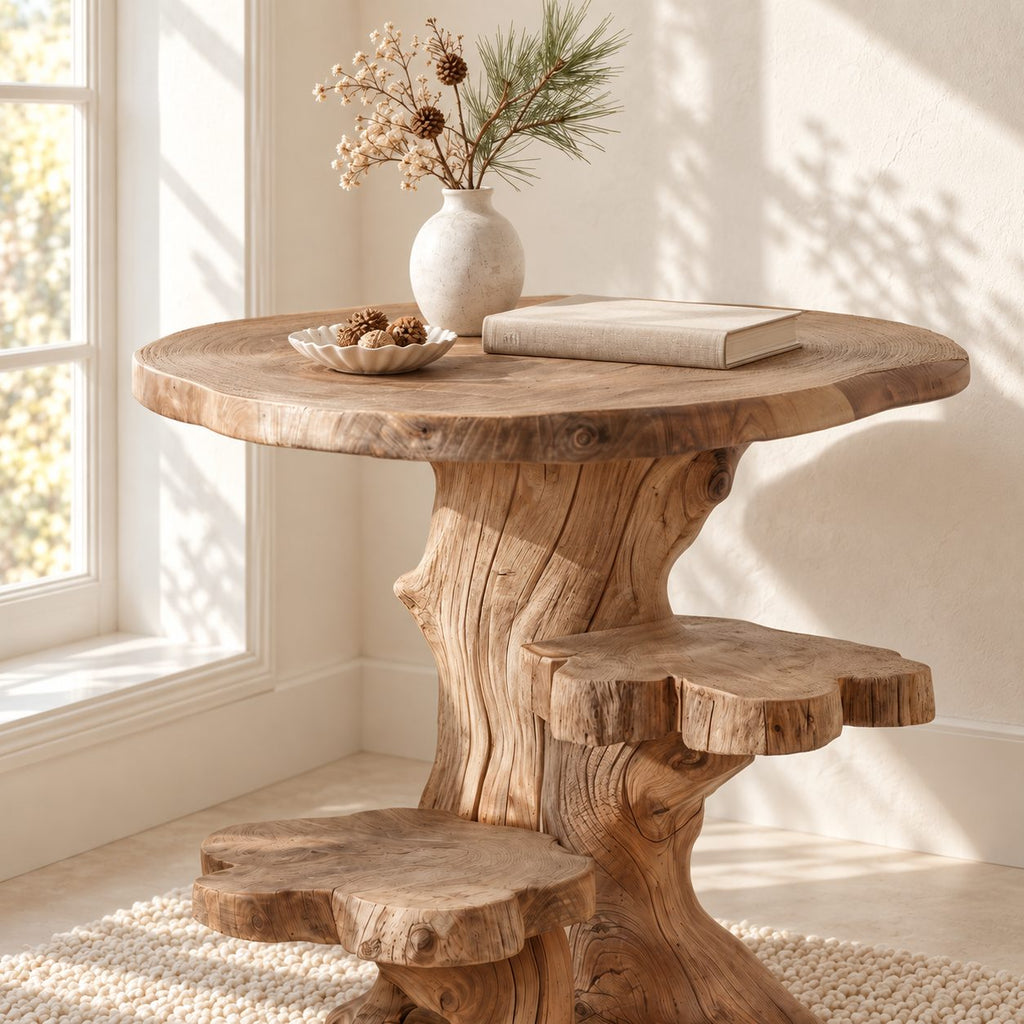 Driftwood Side Table with Step Shelves, Rustic Solid Wood Accent Table for Living Room Corner