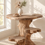 Driftwood Side Table with Step Shelves, Rustic Solid Wood Accent Table for Living Room Corner