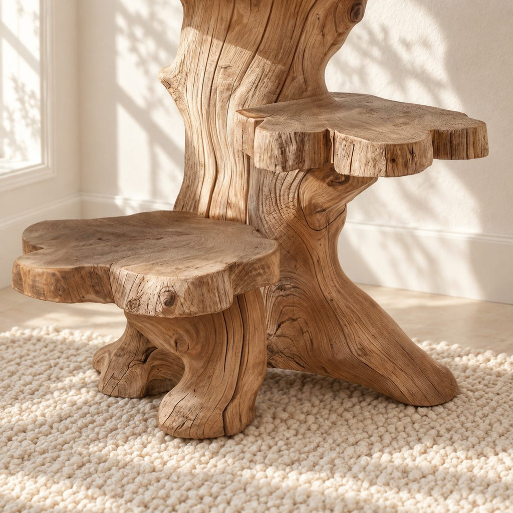 Driftwood Side Table with Step Shelves, Rustic Solid Wood Accent Table for Living Room Corner