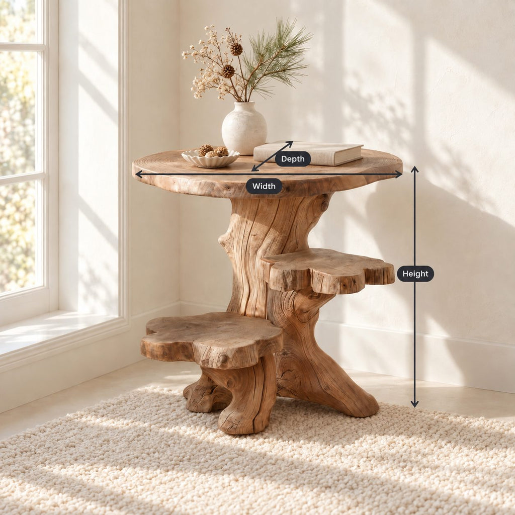 Driftwood Side Table with Step Shelves, Rustic Solid Wood Accent Table for Living Room Corner
