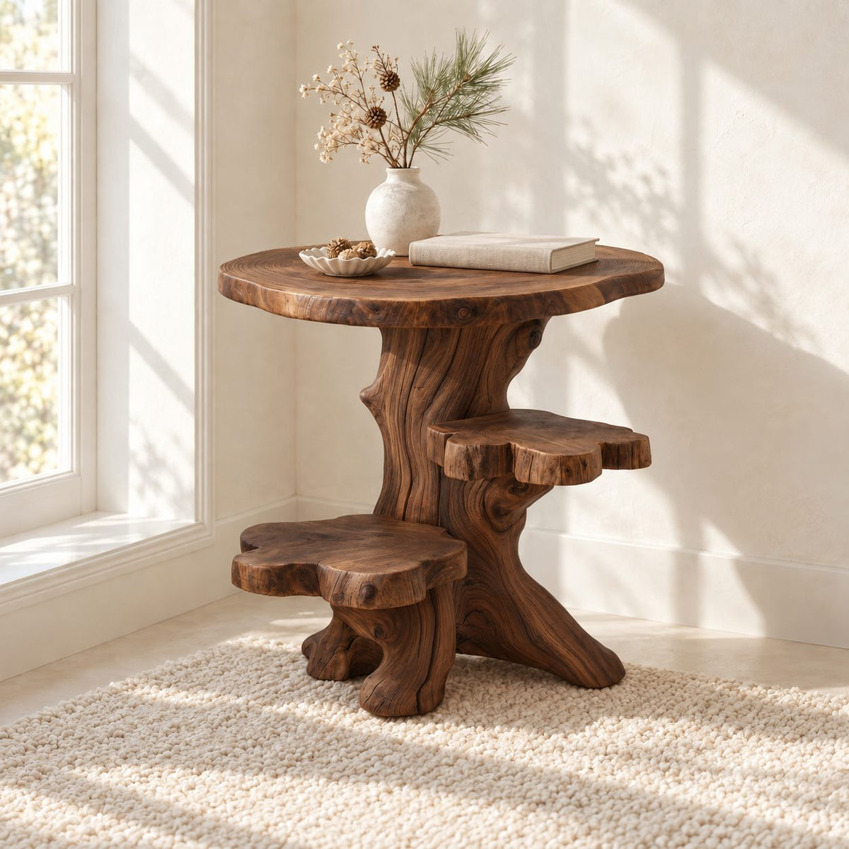Driftwood Side Table with Step Shelves, Rustic Solid Wood Accent Table for Living Room Corner