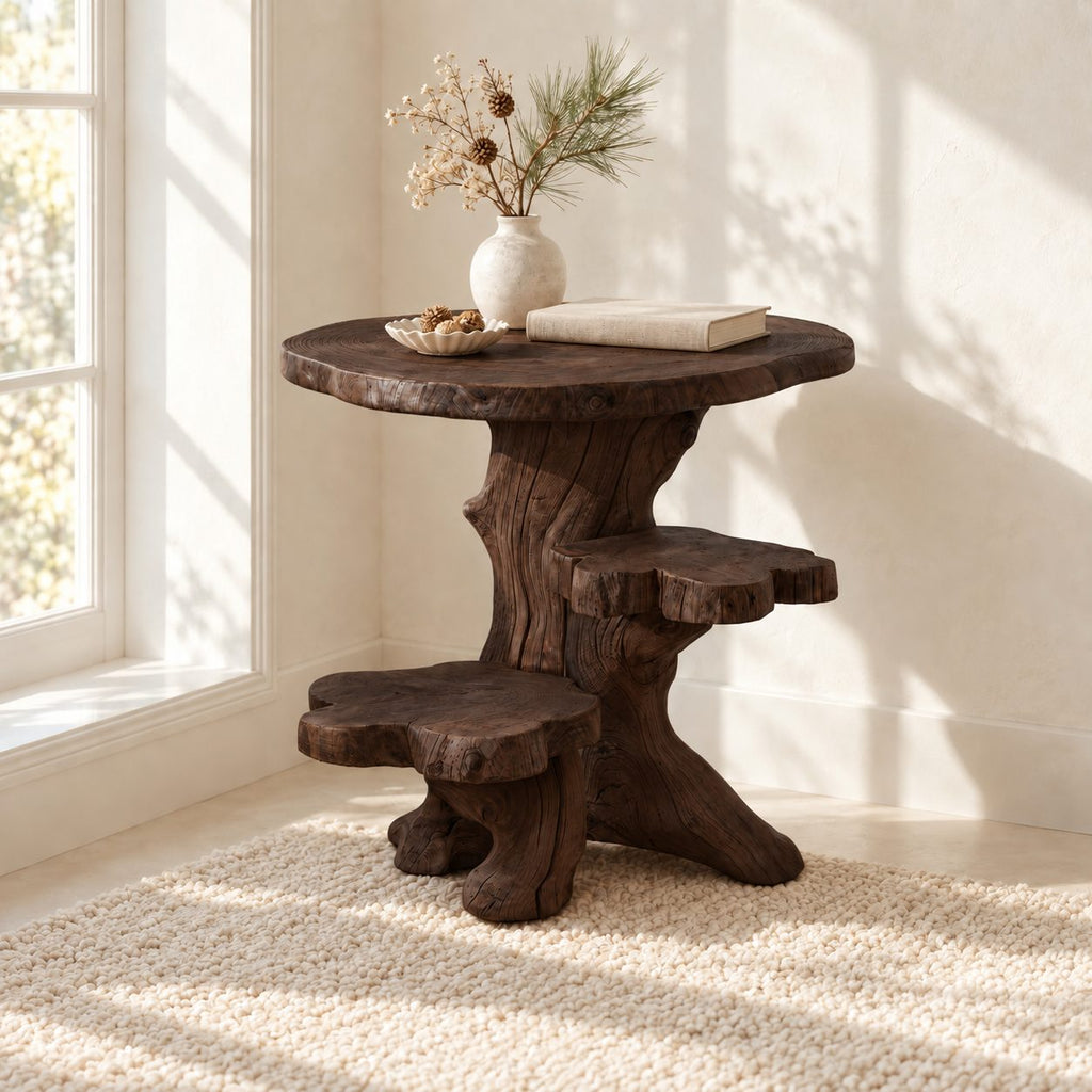 Driftwood Side Table with Step Shelves, Rustic Solid Wood Accent Table for Living Room Corner
