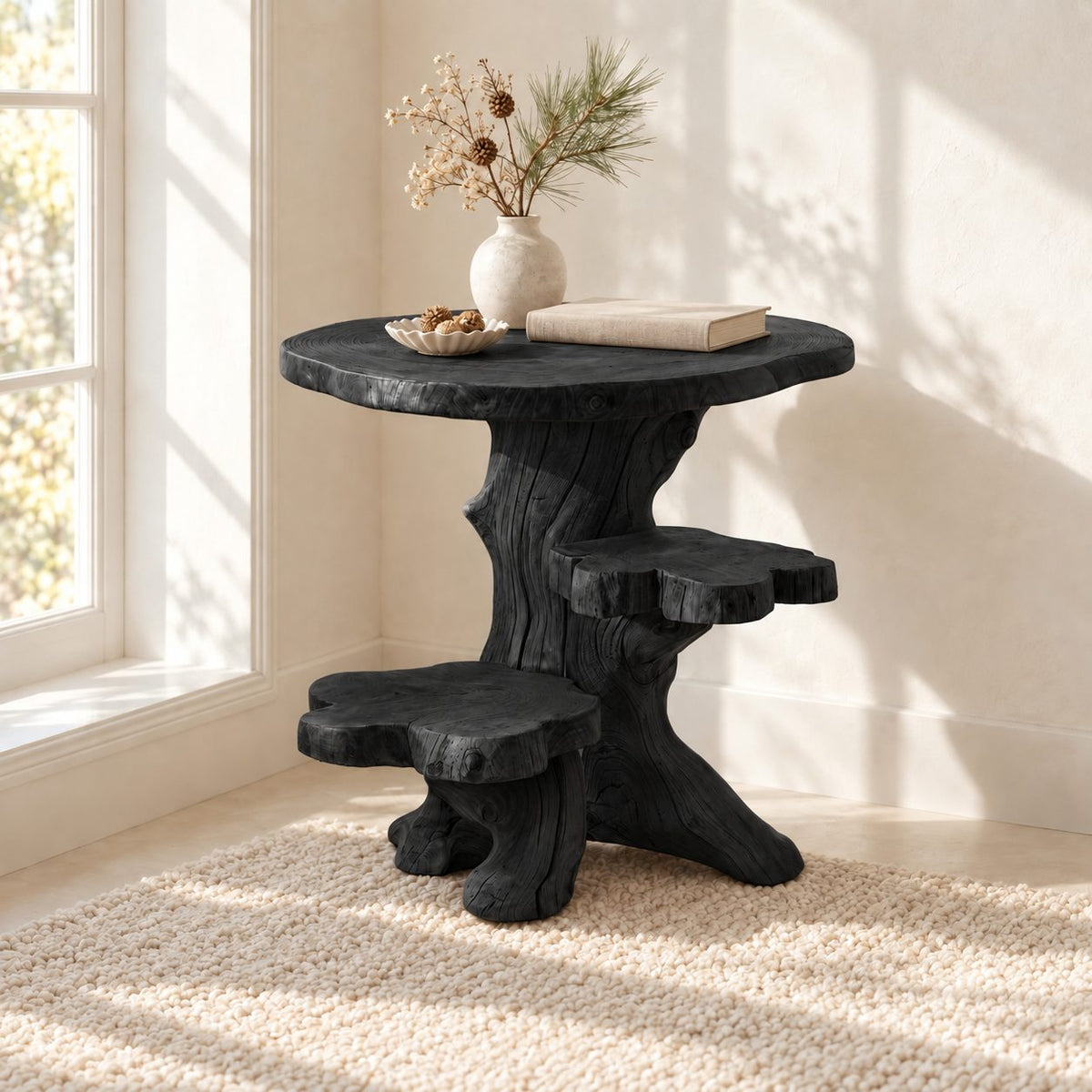 Driftwood Side Table with Step Shelves, Rustic Solid Wood Accent Table for Living Room Corner