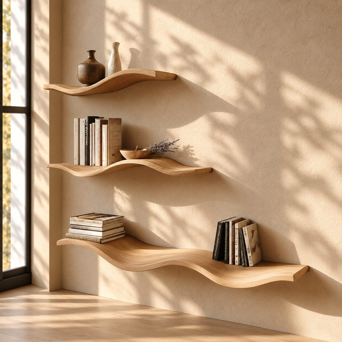 Wave Floating Shelf, Curved Solid Wood Wall Shelf with Rolling Organic Shape for Books