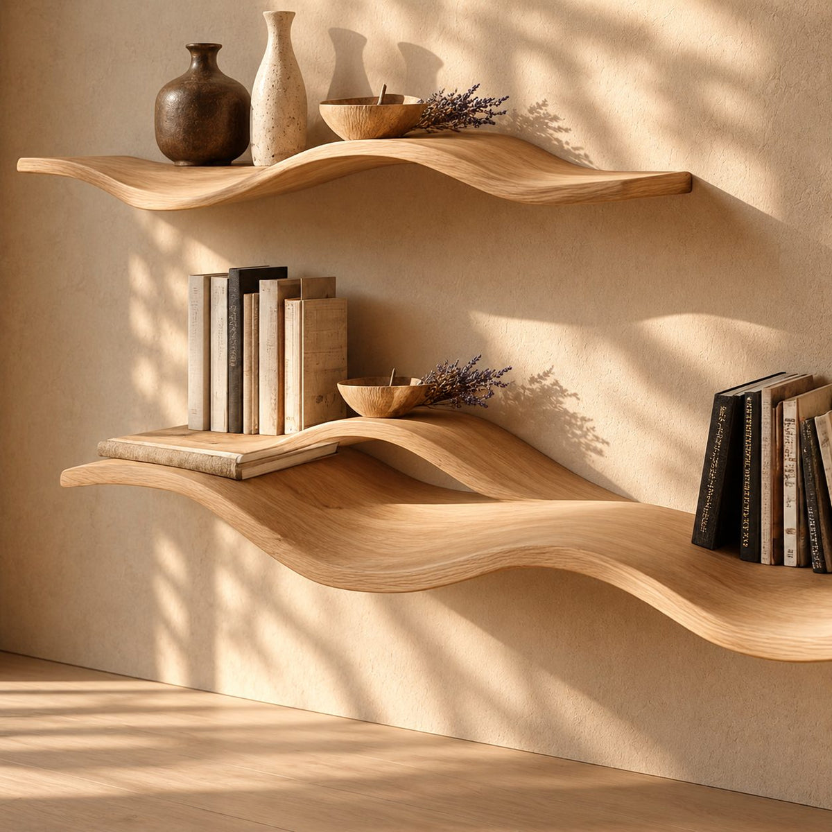 Wave Floating Shelf, Curved Solid Wood Wall Shelf with Rolling Organic Shape for Books