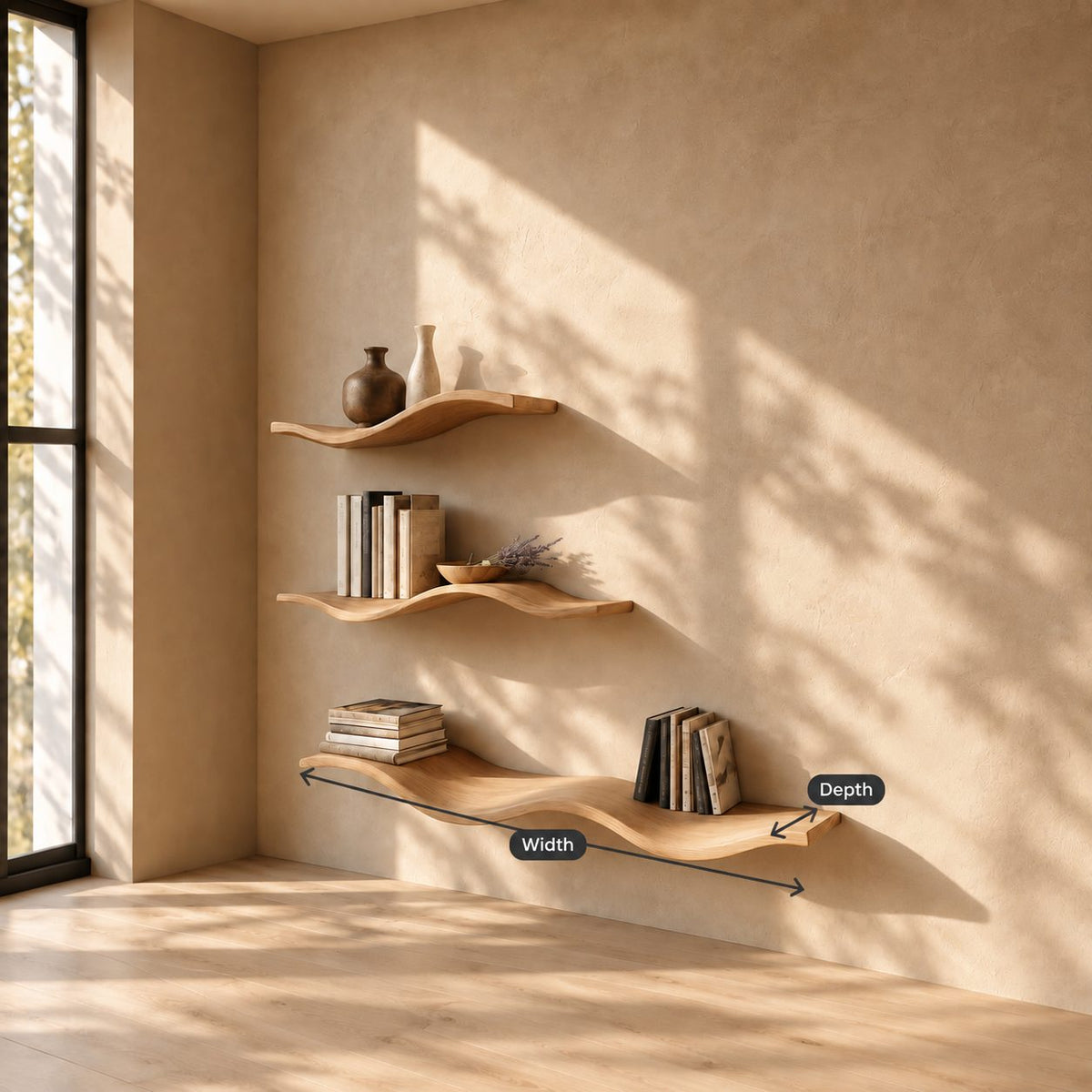 Wave Floating Shelf, Curved Solid Wood Wall Shelf with Rolling Organic Shape for Books