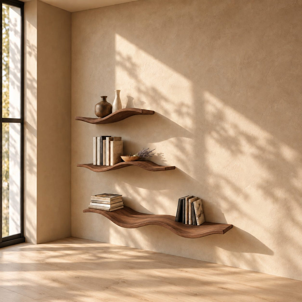 Wave Floating Shelf, Curved Solid Wood Wall Shelf with Rolling Organic Shape for Books