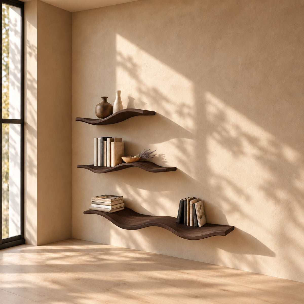Wave Floating Shelf, Curved Solid Wood Wall Shelf with Rolling Organic Shape for Books