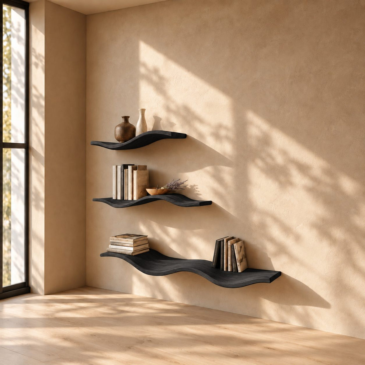 Wave Floating Shelf, Curved Solid Wood Wall Shelf with Rolling Organic Shape for Books