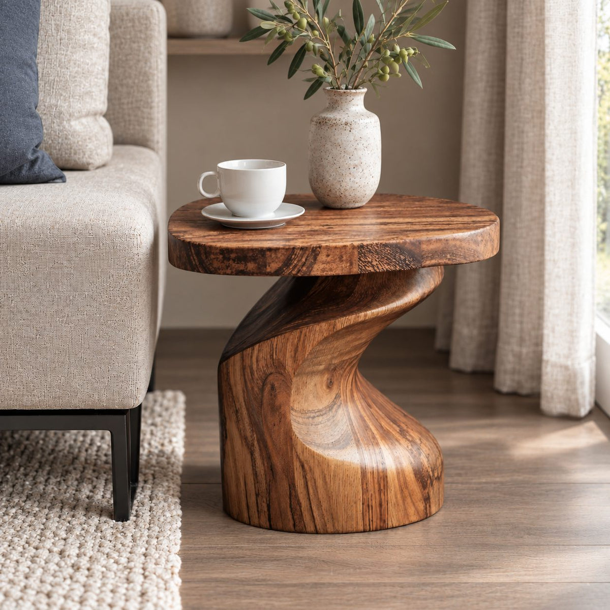 Sculptural Side Table with Twisted Pedestal Base, Solid Wood Accent End Table for Living Room