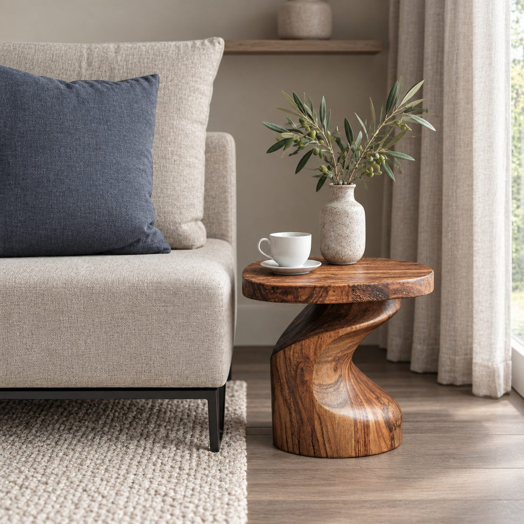 Sculptural Side Table with Twisted Pedestal Base, Solid Wood Accent End Table for Living Room