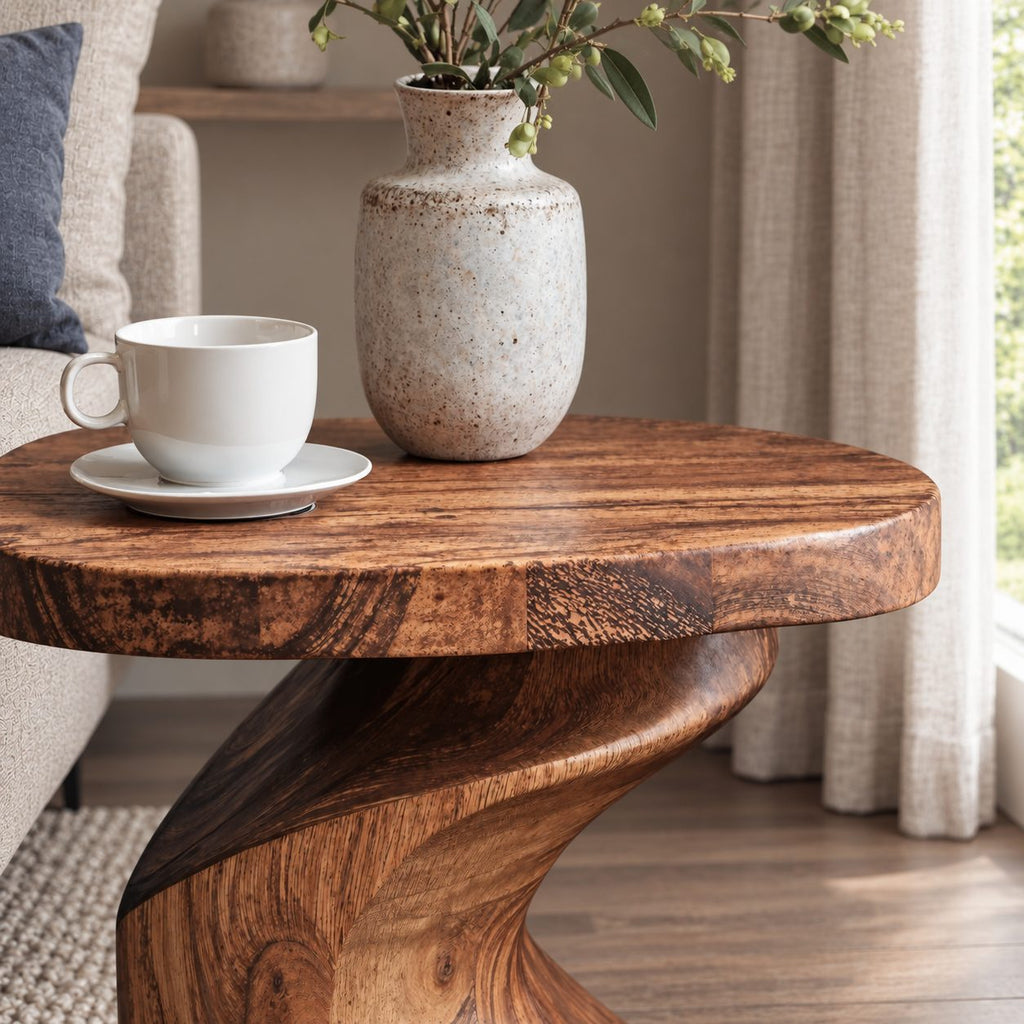 Sculptural Side Table with Twisted Pedestal Base, Solid Wood Accent End Table for Living Room