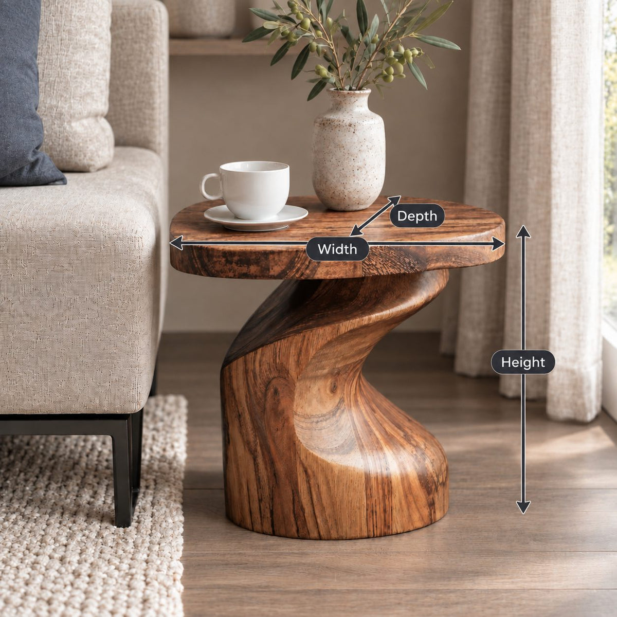 Sculptural Side Table with Twisted Pedestal Base, Solid Wood Accent End Table for Living Room