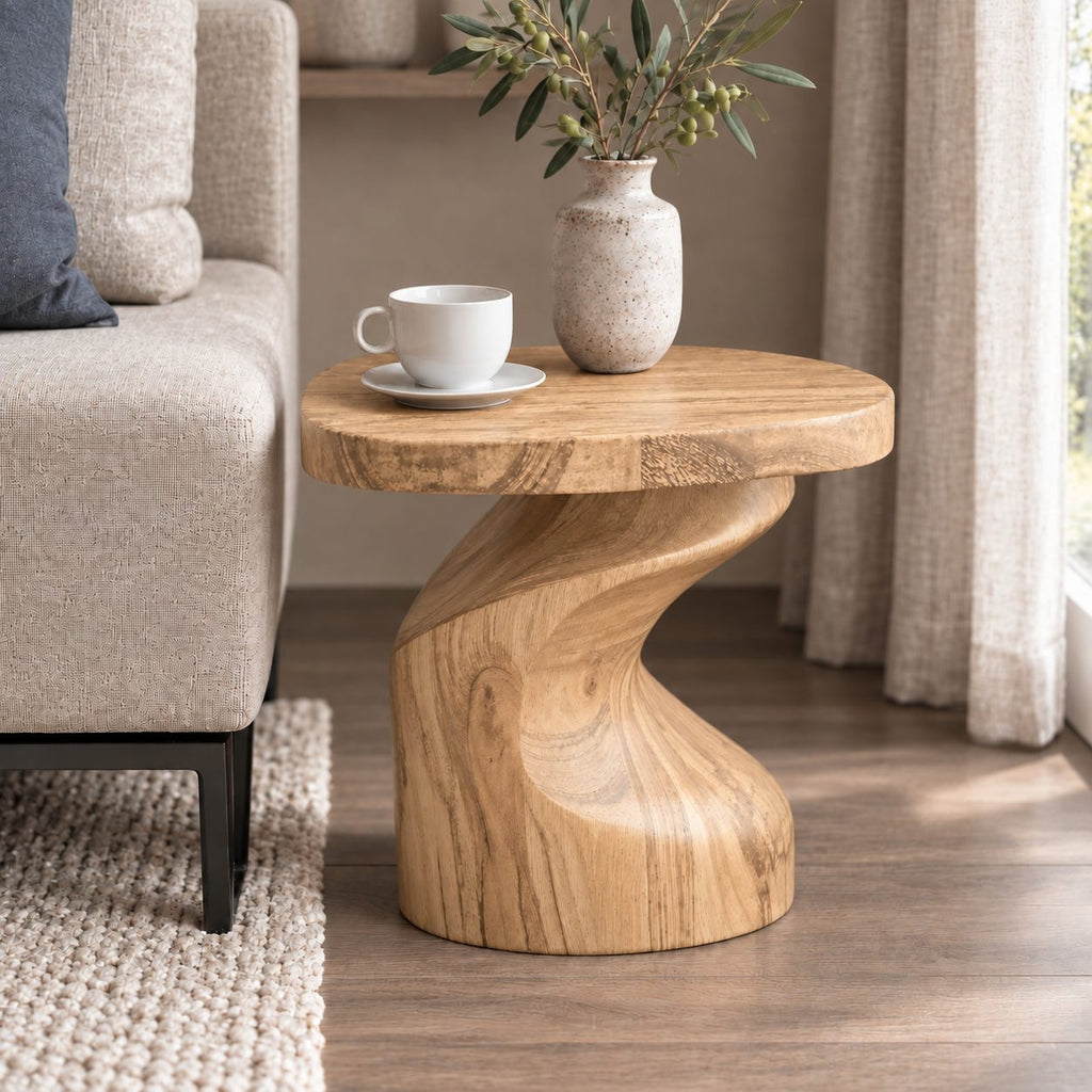 Sculptural Side Table with Twisted Pedestal Base, Solid Wood Accent End Table for Living Room