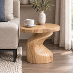 Sculptural Side Table with Twisted Pedestal Base, Solid Wood Accent End Table for Living Room