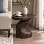 Sculptural Side Table with Twisted Pedestal Base, Solid Wood Accent End Table for Living Room