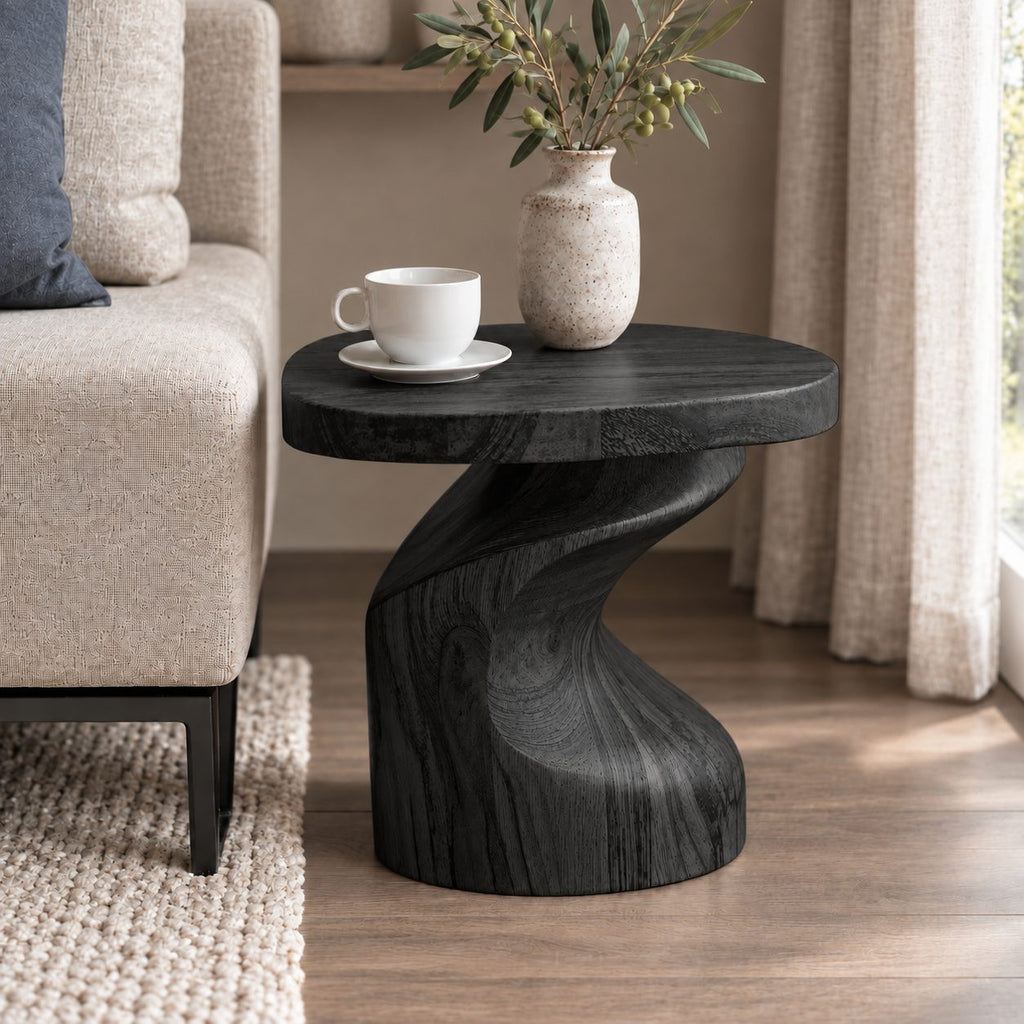Sculptural Side Table with Twisted Pedestal Base, Solid Wood Accent End Table for Living Room