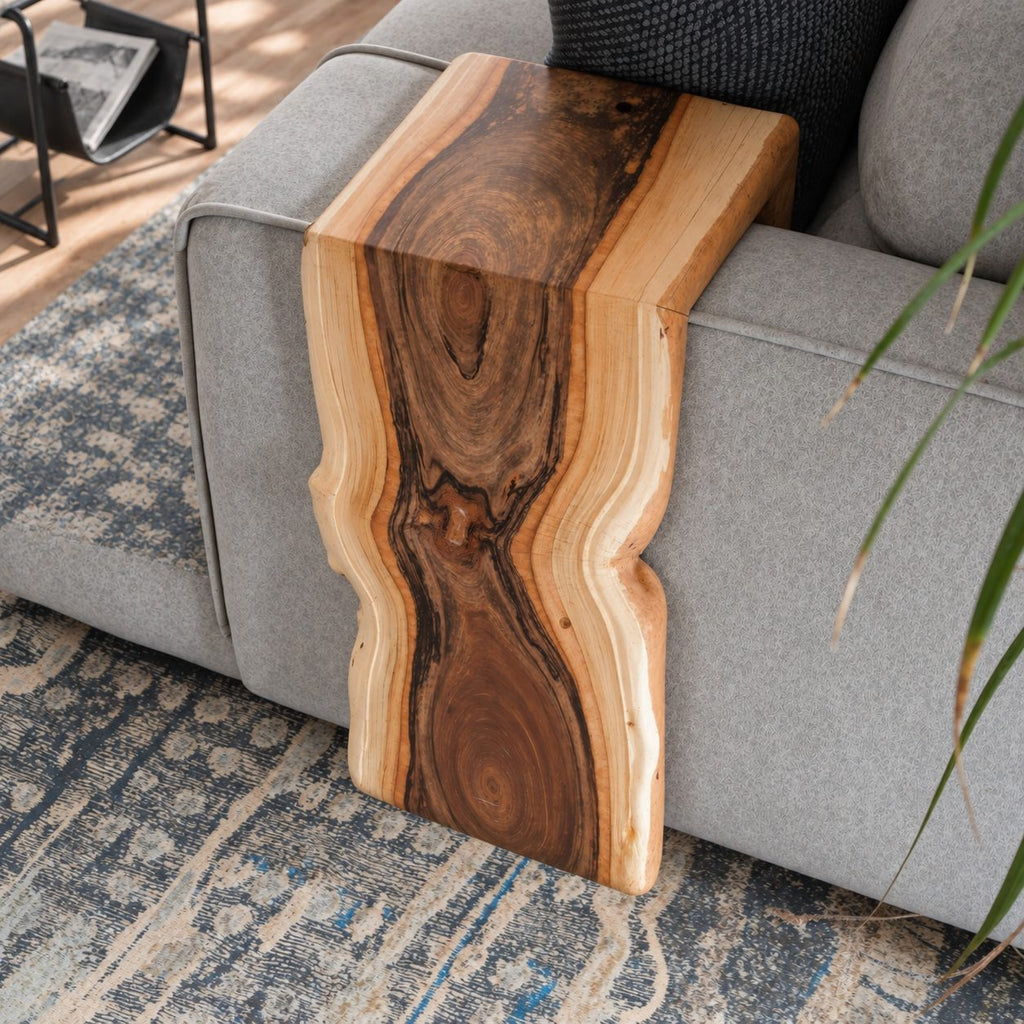Live Edge Sofa Arm Tray, Waterfall Solid Wood Couch Armrest Table for Living Room
