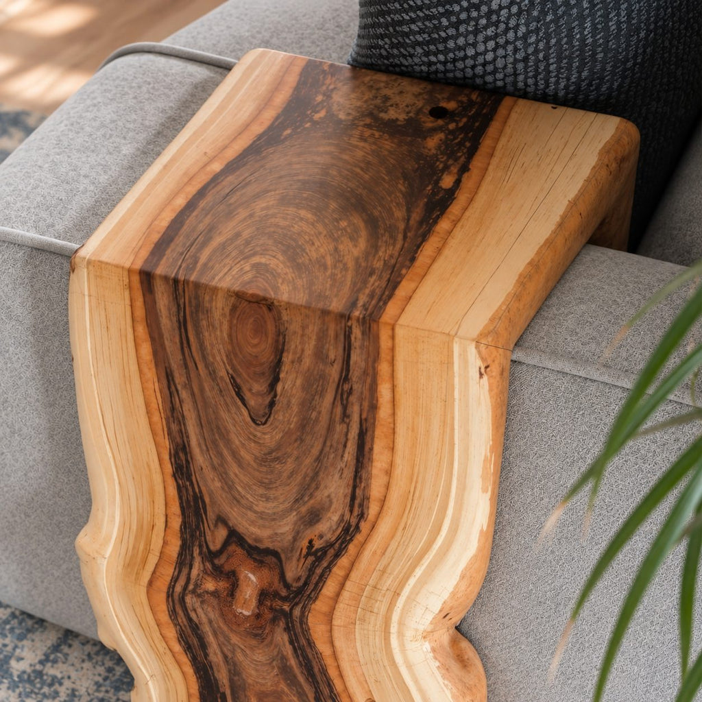 Live Edge Sofa Arm Tray, Waterfall Solid Wood Couch Armrest Table for Living Room
