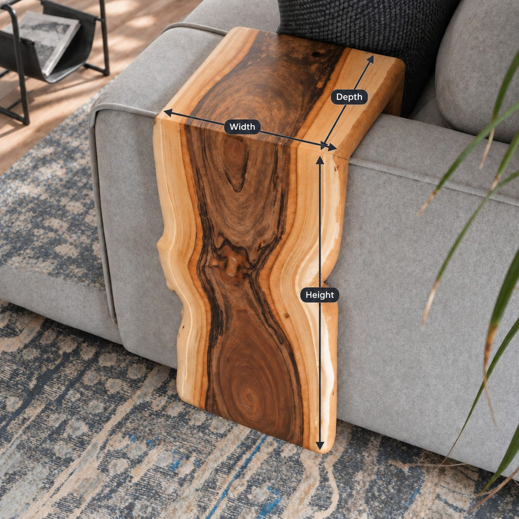 Live Edge Sofa Arm Tray, Waterfall Solid Wood Couch Armrest Table for Living Room