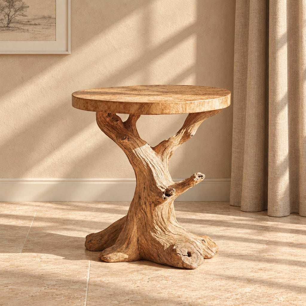 Tree Trunk End Table with Round Top, Natural Branch Solid Wood Side Table for Living Room